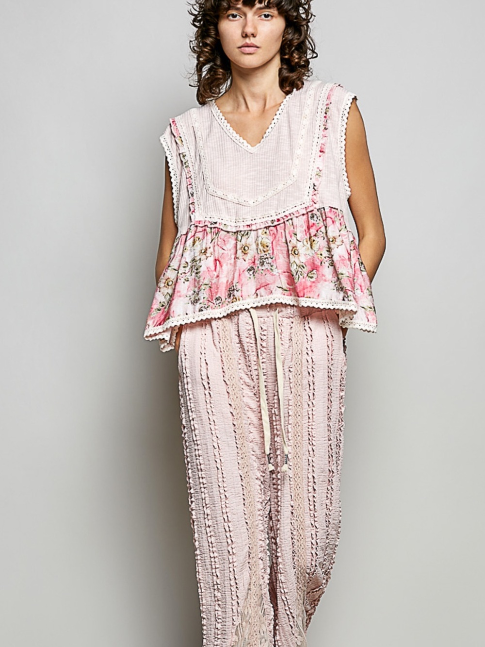 POL Pink Floral Peplum Top with Crochet Trim
